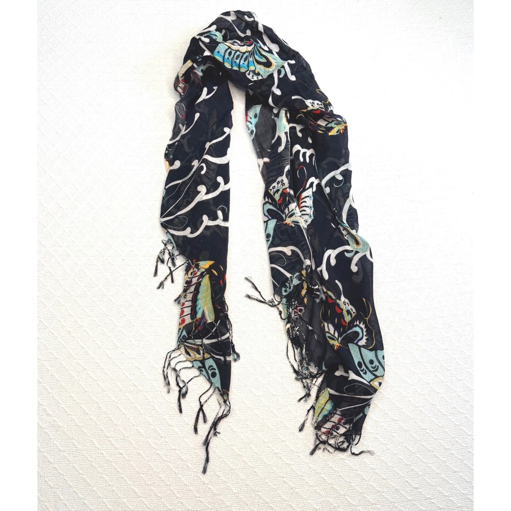 Black Butterfly Print Lightweight Oblong Scarf with Fringe Trim